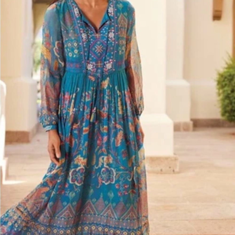 Soft Surroundings Bohemian Teal Floral Maxi Dress Gorgeous Beaded Embroidery